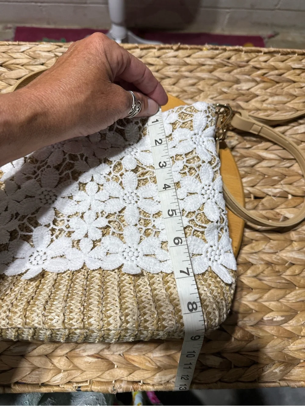 Woven Straw Crossbody Bag with White Floral Lace Overlay